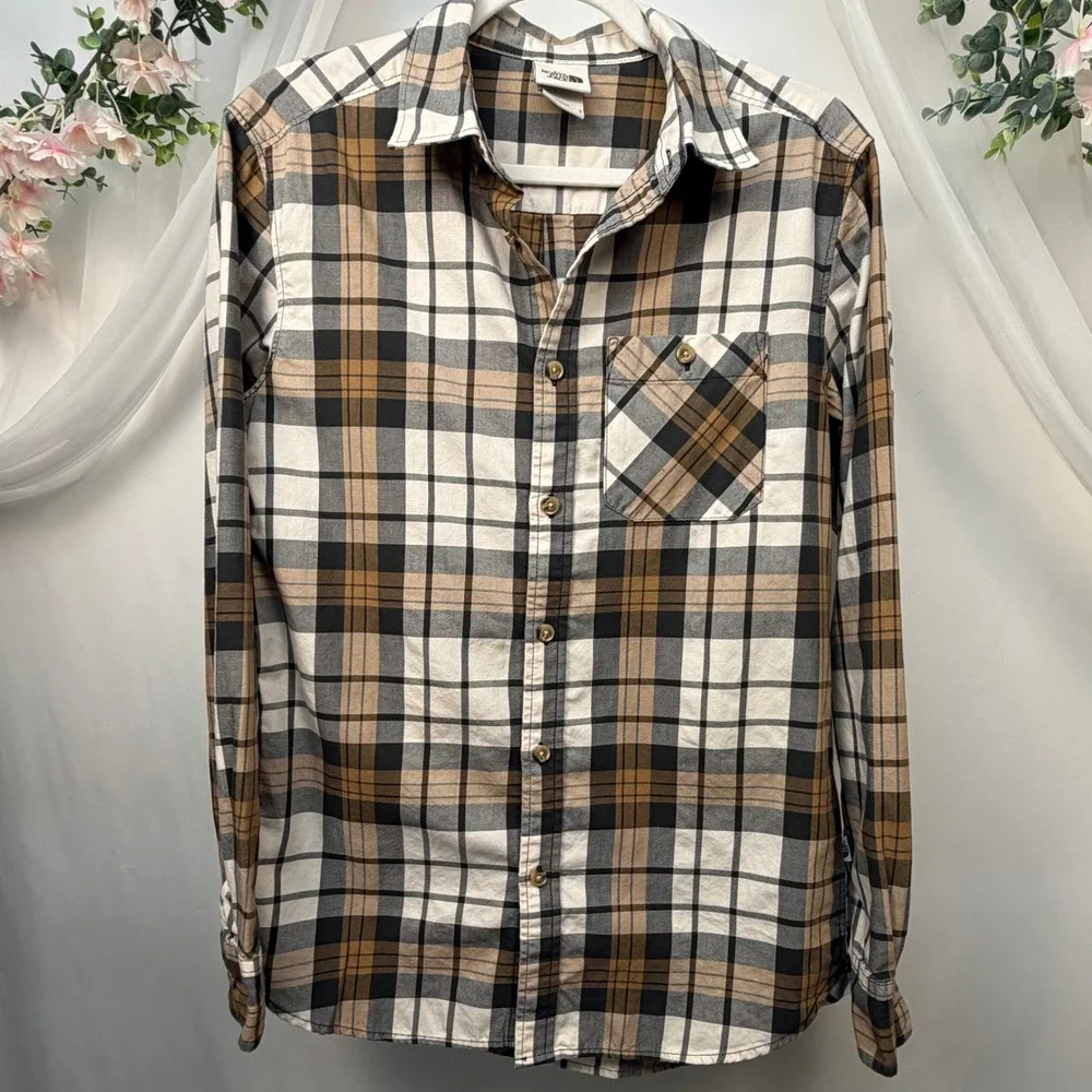 The North Face Mens Plaid Button Down Long Sleeve Shirt Brown Black White Small